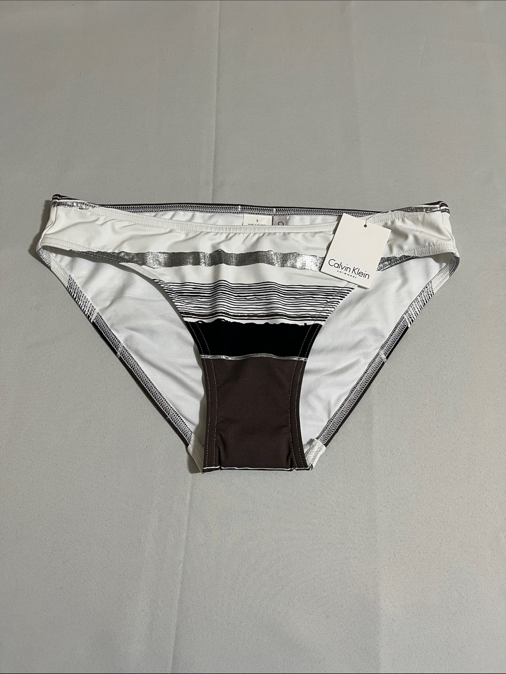 CALVIN KLEIN Classic Hipster Bikini Bottom w Metallic Silver Stripes Size S